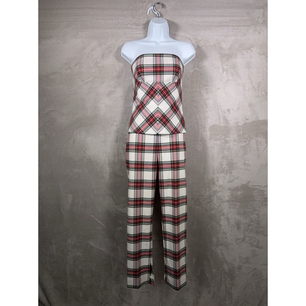 Trina Turk Tartan Plaid Pant Set Womens Small Red Strapless Top Wide Leg 2 Piece